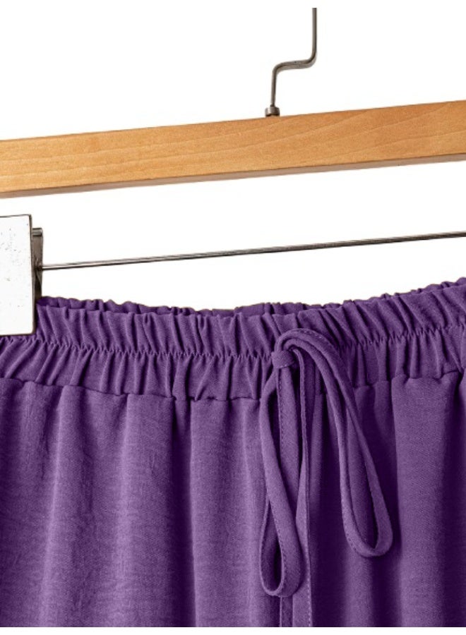 بنطلون نسائي واسع الساقين، بخصر مطاطي ورباط، مقاس حر، مناسب للارتداء اليومي. - Image 3